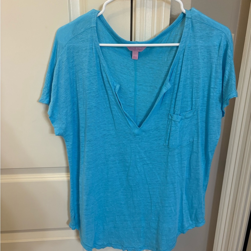 Lilly Pulitzer Turquoise V-Neck Short Sleeve Pocket Tee